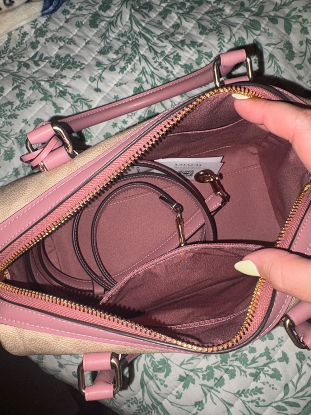 Coach Beige Canvas Rowan Medium with Pink Trim and Heart Charm - Picture 4 of 4